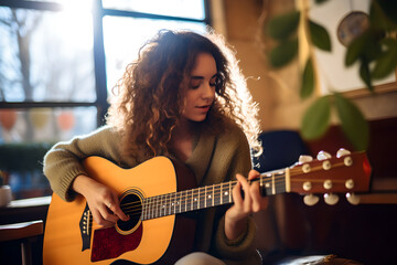 Young beautiful woman playing guitar while sitting on coffee shop during sunny day - Powered by Adobe