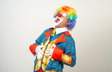 Mr Clown. Portrait of Funny face Clown man in colorful uniform standing variety action. Happy...