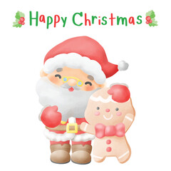 Adorable Christmas card Santa Claus and Gingerbread Watercolor