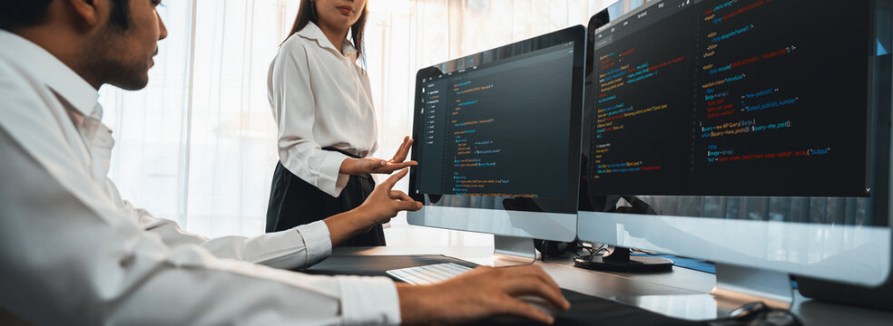 Software development team working together in office, coding script display on computer monitor. Programmer and software engineer working in tech developer company. Trailblazing