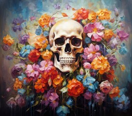 Skeleton skull with surrounded colorful flowers and petals florals. Oil painting style on canvas. Modern art fantacy for Halloween.