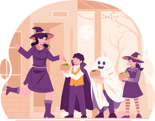 A Young Woman Dressed as a Witch Hands Out Candy to Children Dressed in Halloween Costumes. Halloween Party and Trick or Treat Concept