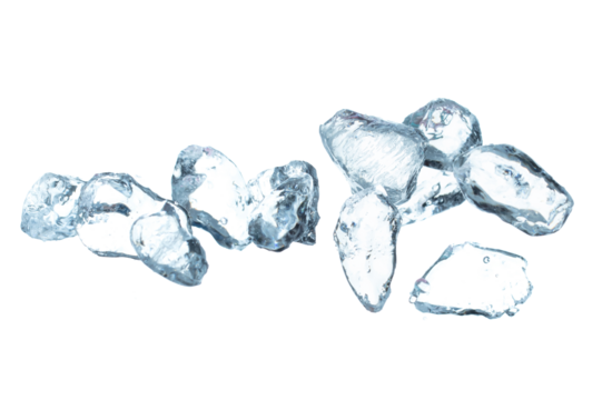 Ice Cubes explosion flying, crystal clear ice wave floating, fall down in air. Ice Brick block cube is frozen water healthy thirsty. White background Isolated series two of images
