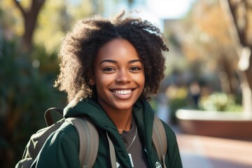 Smiling portrait of a happy female african american student on a college campus - obrazy, fototapety, plakaty