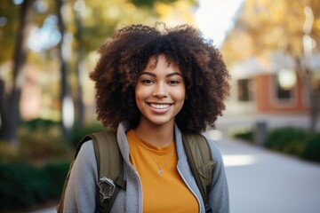Fototapeta Smiling portrait of a happy female african american student on a college campus obraz