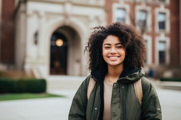 Fototapeta na wymiar Smiling portrait of a happy female african american student on a college campus