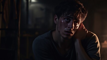 Obraz premium Worried young man in a dark room, in the shadows of your room