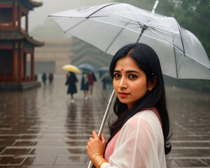 Beautiful indian woman with umbrella/Mujer con una sombrilla caminando