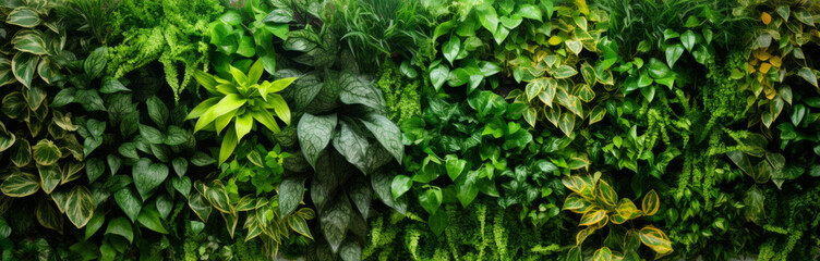 Fototapeta na wymiar living wall tropical green plants background. Vertical garden