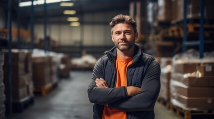 Obraz premium Portrait of Manager In Warehouse. wholesale, logistic, people and export concept. Generative Ai.