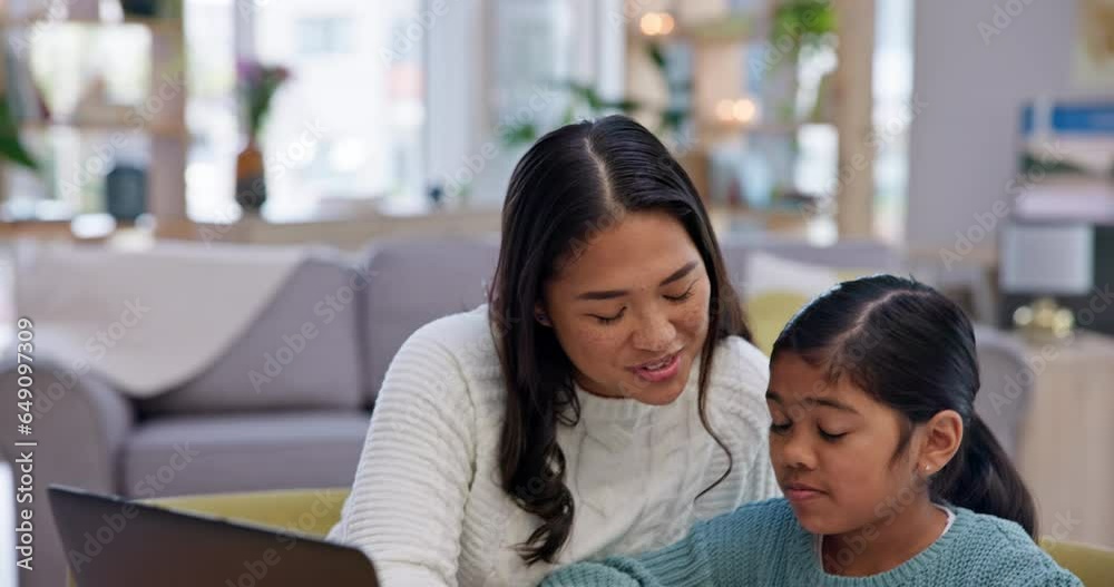 Sticker Mom, girl and writing with reading, paper or learning for development, solution and studying in home. Education, Asian mother and daughter for thinking, mentorship or teaching at desk in family house