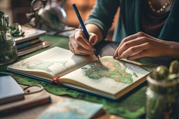 Female explorer looking at map, explorer looking at map planning a trip in the forest - obrazy, fototapety, plakaty