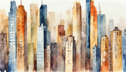 Watercolour painting of a city skyline