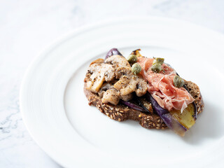 Eggplant and Mushroom Open Sandwich with Raw Ham	