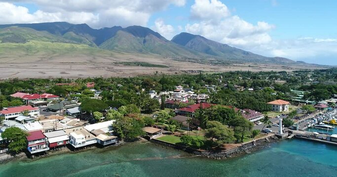 Cinematic Aerial Shot of Front Street Lahaina Maui Hawaii Prior to Fires. Shot in 4K 60FPS for Slow Motion Option.