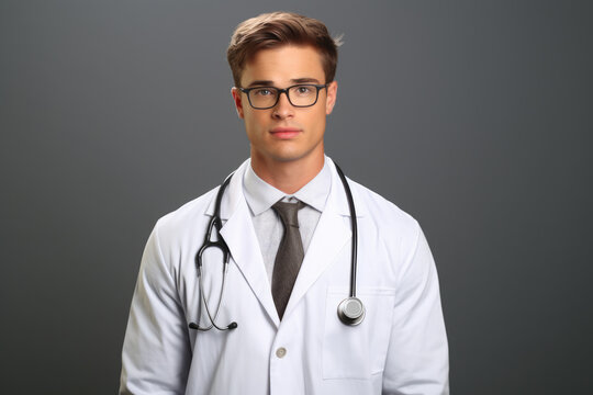 Man wearing white lab coat and tie, ready for work. This image can be used to represent professionalism, science, research, or medical field.