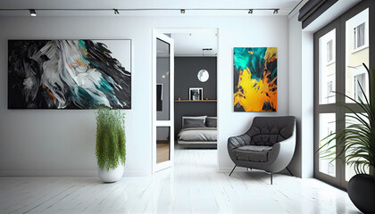 Gallery with beautiful paintings display no people on white walls, Studio apartment modern and isolated wallpaper, Ai generated image 