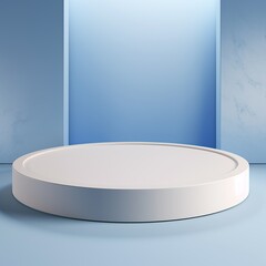 Empty round white podium, stage, pedestal for goods and objects