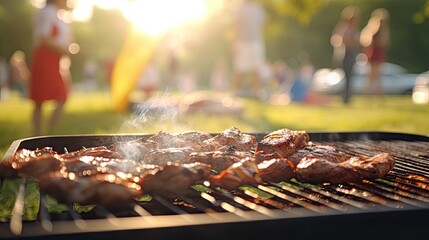 Family group partying outdoors Focus on grilling food in public gardens. space for text