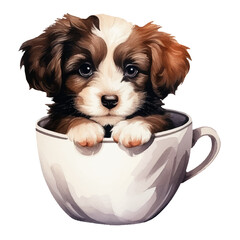 puppy inside a cup of coffee watercolor illustration, generative AI