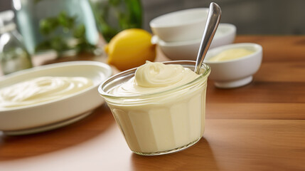 Kitchen table featuring a bowl of mayonnaise and lemons
