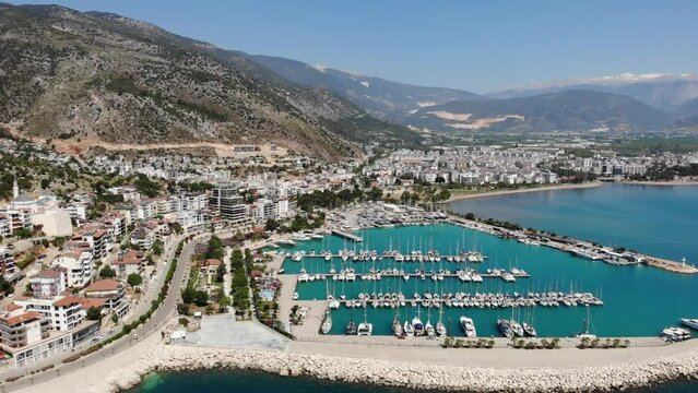 Aerial view of the resort town of Finike, located on the Mediterranean coast in Turkey. High quality 4k footage