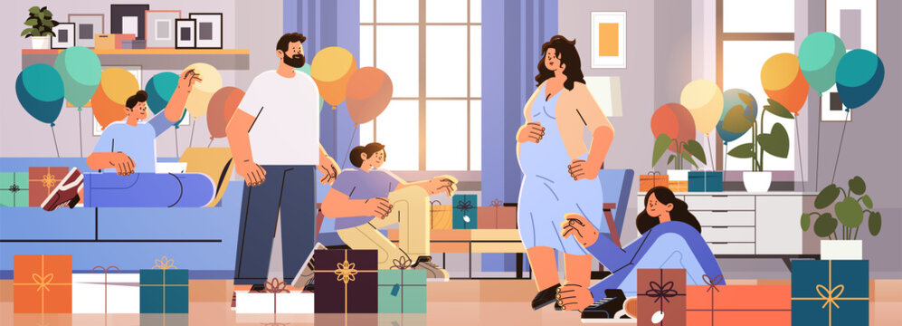 room decorated with colorful balloons for party female friends celebrating baby shower event pregnancy motherhood expectation concept