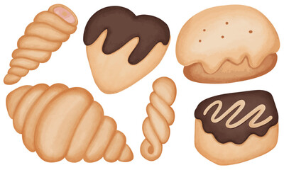 Vector illustration collection of various types of bread, Croissant Bread, Chocolate Bread, bread marble, Chocolate Marble Twist.