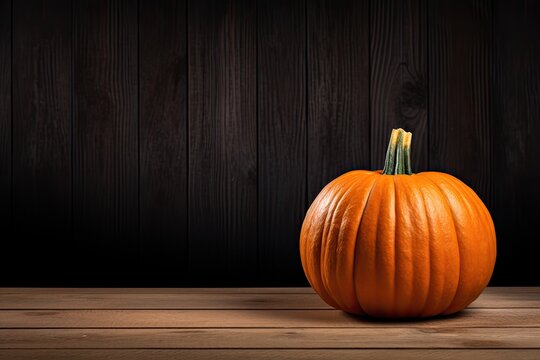 Big orange pumpkin on oak table in the dark halloween isolated background