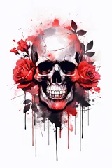Stickers pour porte Crâne aquarelle watercolor skull with roses