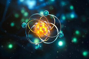 Irradiation science: Atomic nucleus electrons neutrons protons. model shows that an atom is mostly empty space with electrons orbiting a fixed positively charged nucleus, view in colorful 3D - obrazy, fototapety, plakaty