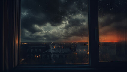 Window view of city with rain droplets