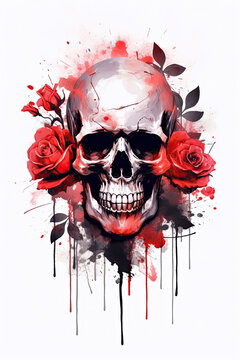 Watercolor Skull With Roses