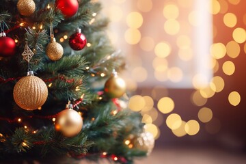 Fototapeta na wymiar Christmas tree with golden decorations and bokeh lights on dark background