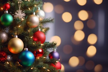 Christmas tree with golden decorations and bokeh lights on dark background