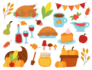 Thanksgiving day elements set. Turkey, pie, cornucopia, corn, wine, candles, garland, honey. Basket pumpkins. Happy Thanksgiving day. Harvest festival. Autumn vector illustration.