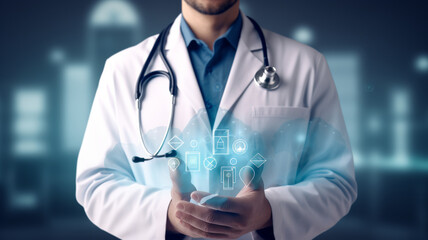 Male medicine doctor hold healthcare medical icons for the Health insurance concept. Generative AI