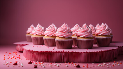 Tasty pink cupcakes on pink background