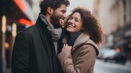 Fototapeta premium Happy couple on vacation. Lovers are laughing. Happy guy and girl. Lovers enjoy each other outdoor. 