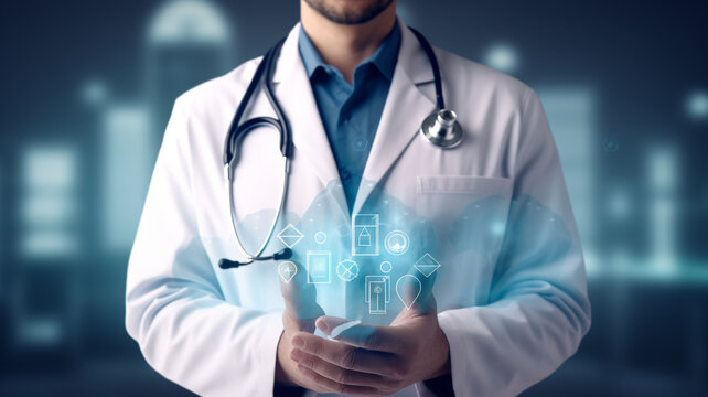 Male medicine doctor hold healthcare medical icons for the Health insurance concept. Generative AI
