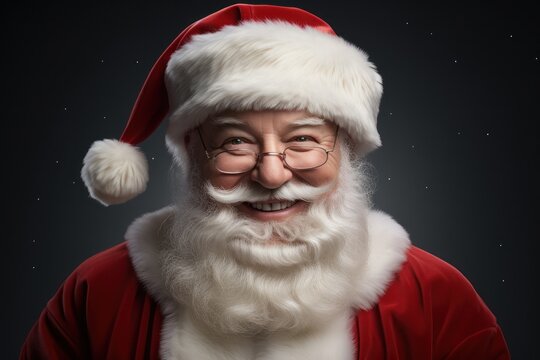 Close up photo of positive cheerful santa claus looking in camera wearing a red costume hat on background.