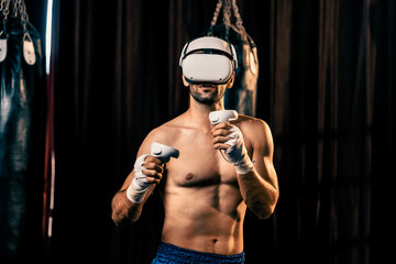 Fototapeta na wymiar Boxer training utilizing VR technology or virtual reality, wearing VR headset with immersive boxing training technique using controller to enhance his skill in boxing simulator environment. Impetus
