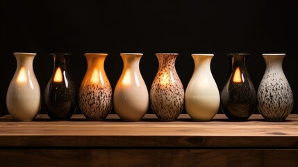 A row of vases with a candle inside