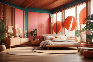 Interior of modern bedroom with cozy double bed - obrazy, fototapety, plakaty