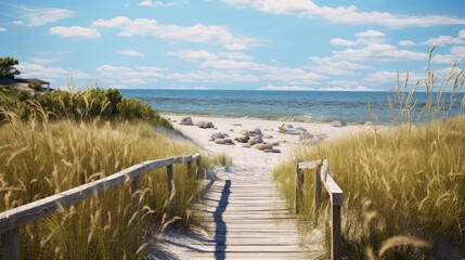 A wooden boardwalk leads to a beach with tall grass