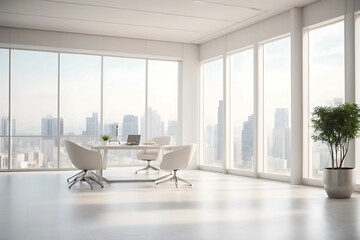 Modern white office room 3d rendering image. There are white tile wall and floor.The room has large windows. Looking out to see the scenery outside. - obrazy, fototapety, plakaty