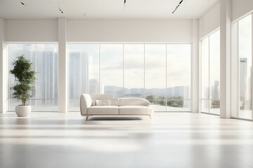 Modern white showroom 3d rendering image. There are white tile wall and floor.The room has large windows. Looking out to see the scenery outside.