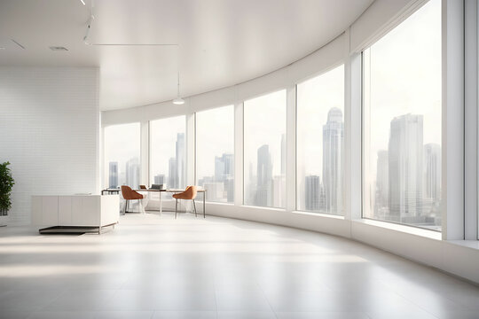 Modern white office room 3d rendering image. There are white tile wall and floor.The room has large windows. Looking out to see the scenery outside.