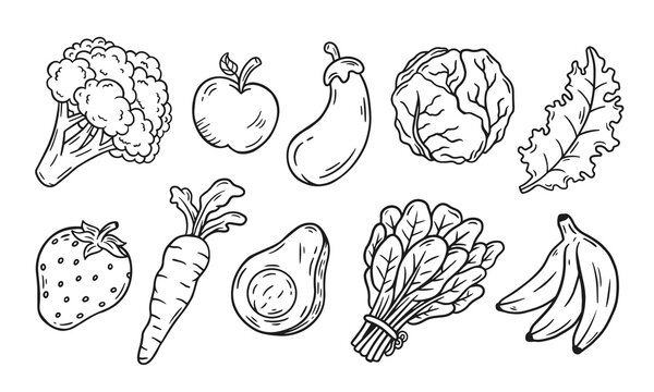 Vegetable And Fruit Doodle Line Set. Freehand Doodle Hand Drawn Sketch Style Drawing Fruit And Vegetables. Vector Illustration