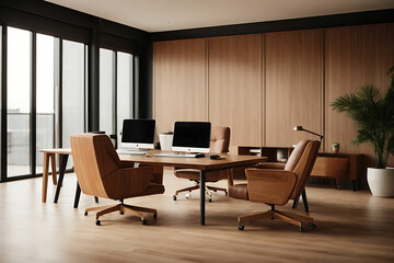 Luxury design of CEO office interior with original office desk, empty canvas, stylish black...